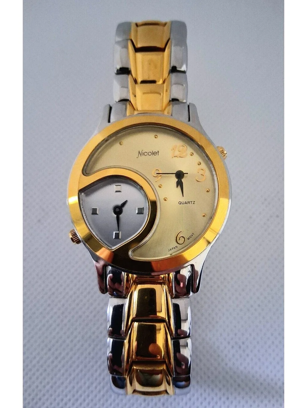 RARE Vintage Nicolet NC1070 Two Tone Dual Time Quartz Men's Swiss Watch